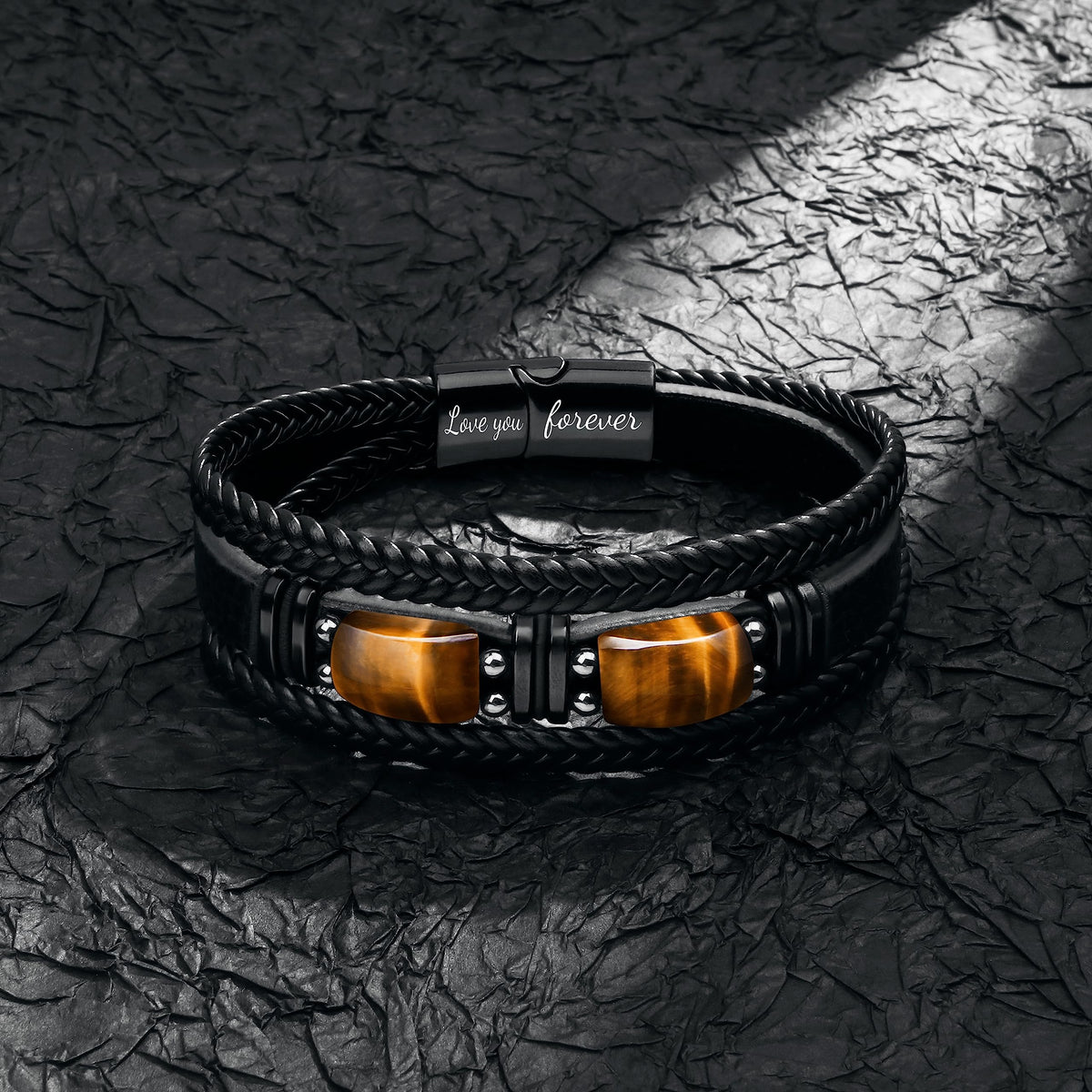 JoycuFF Gifts for Husband from Wife Leather Bracelets for Husband 2 Tiger Eye Stone Anniversary Birthday Love You Forever Mens Black Layered Braided Cuff Bracelet