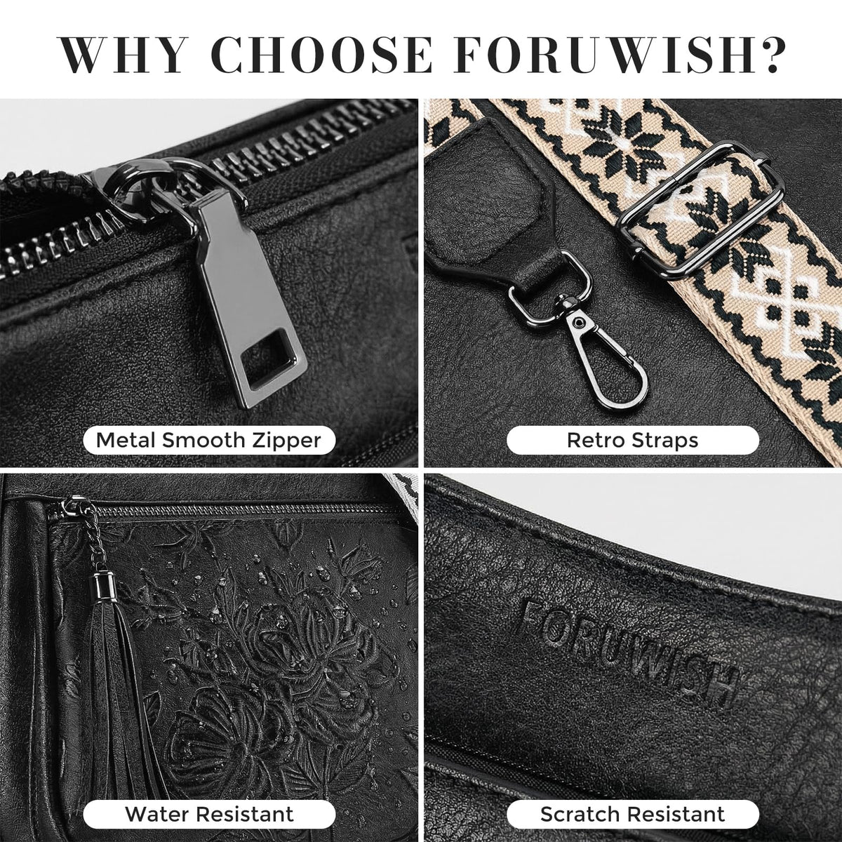 FORUWISH Crossbody Bags for Women, Black Silver Vegan Leather Medium Crossbody Purse, Spacious Daily Travel Shoulder Bag with Boho Strap