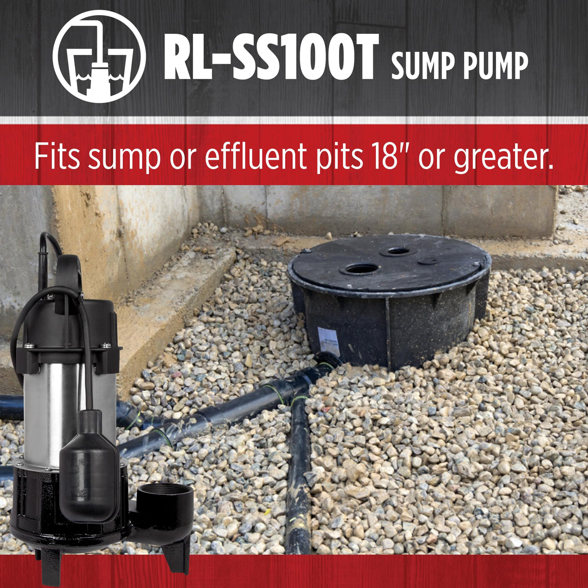 Red Lion RL-SS100T 115 Volt, 1 HP, 5300 GPH Premium Submersible Stainless Steel Sump Pump with Tethered Switch and 20-Ft. Cord, Black, 14942782