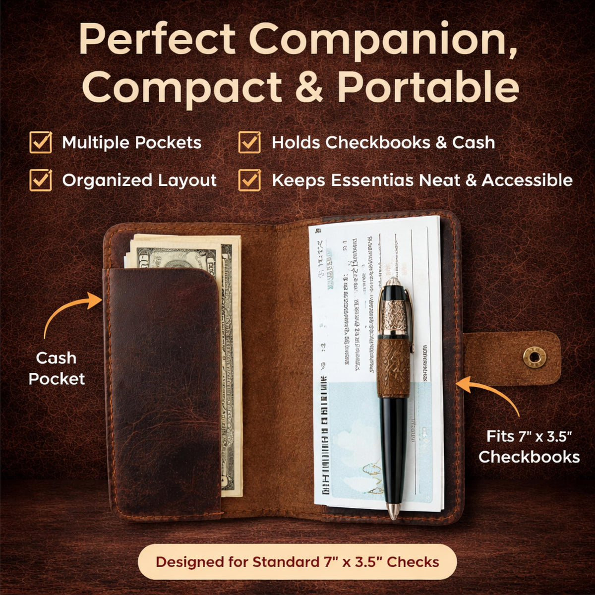TheAntiq Leather Checkbook Cover with Pen Loop, Full Grain Check Book Holder Wallet for Personal & Duplicate Checks, Slim Money Organizer for Men & Women – Brown