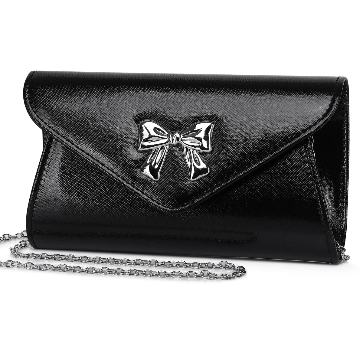 Gurina Evening Clutch Purse for Women with Bow Detail, Elegant PU Leather Shiny Party Bag with Detachable Chain Wedding Prom Handbag (Black L70)