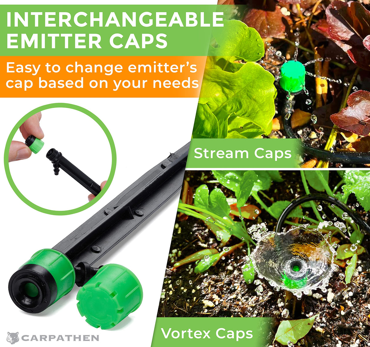 CARPATHEN 12pcs Drip Irrigation Emitters - Compatible with ¼ inch Drip Irrigation Tubing - 360 Degree Adjustable Flow Garden Irrigation Drippers for Drip Irrigation System - Spare Parts Included