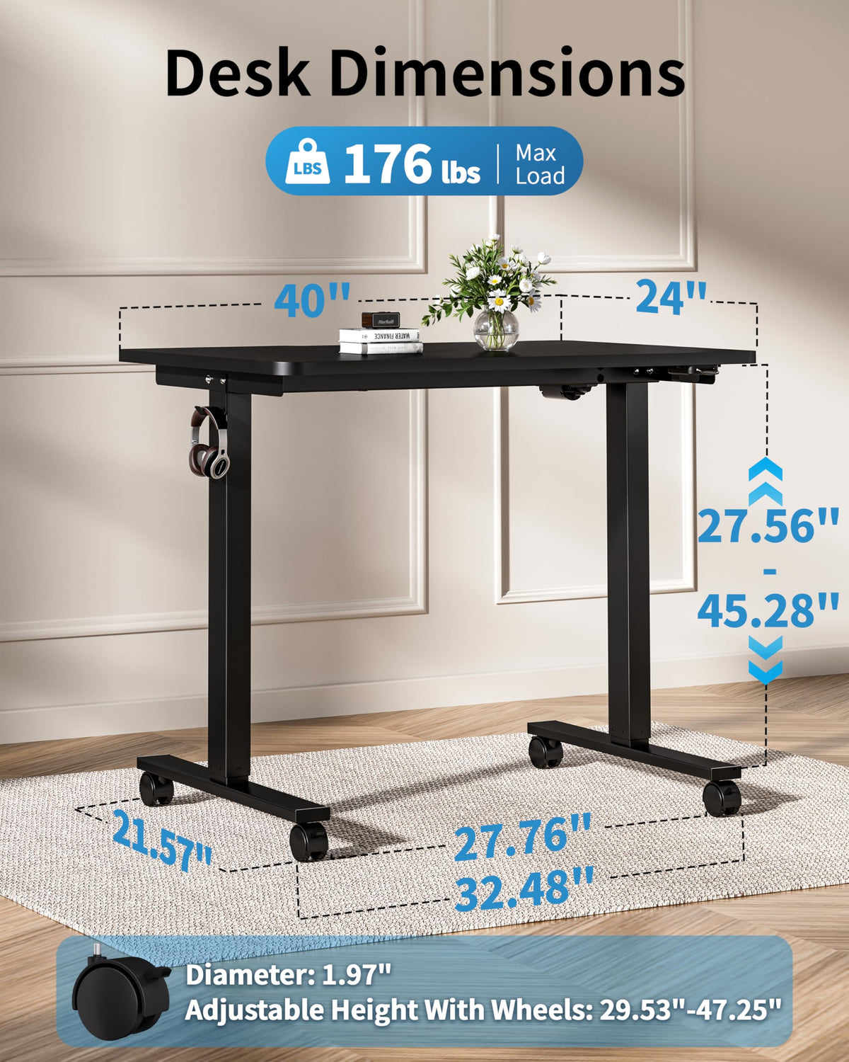 Okin Small Electric Standing Desk, 36 x 24 Inches Whole Piece Height Adjustable Desk, Black Sit to Stand Desks Computer Workstation with Wheels for Home Office