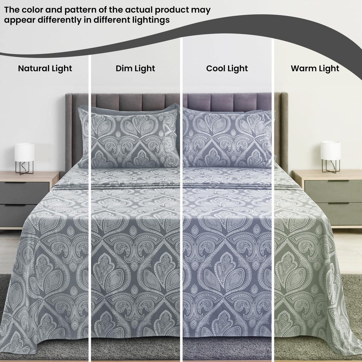 Ultra Soft Wrinkle-Free Microfiber Paisley Twin Sheet Set, Cute Floral Pattern Boho Print – 16" Deep Pocket Fitted Sheet, Flat Sheet & 2 Pillowcases, Breathable, OEKO-TEX - Grey