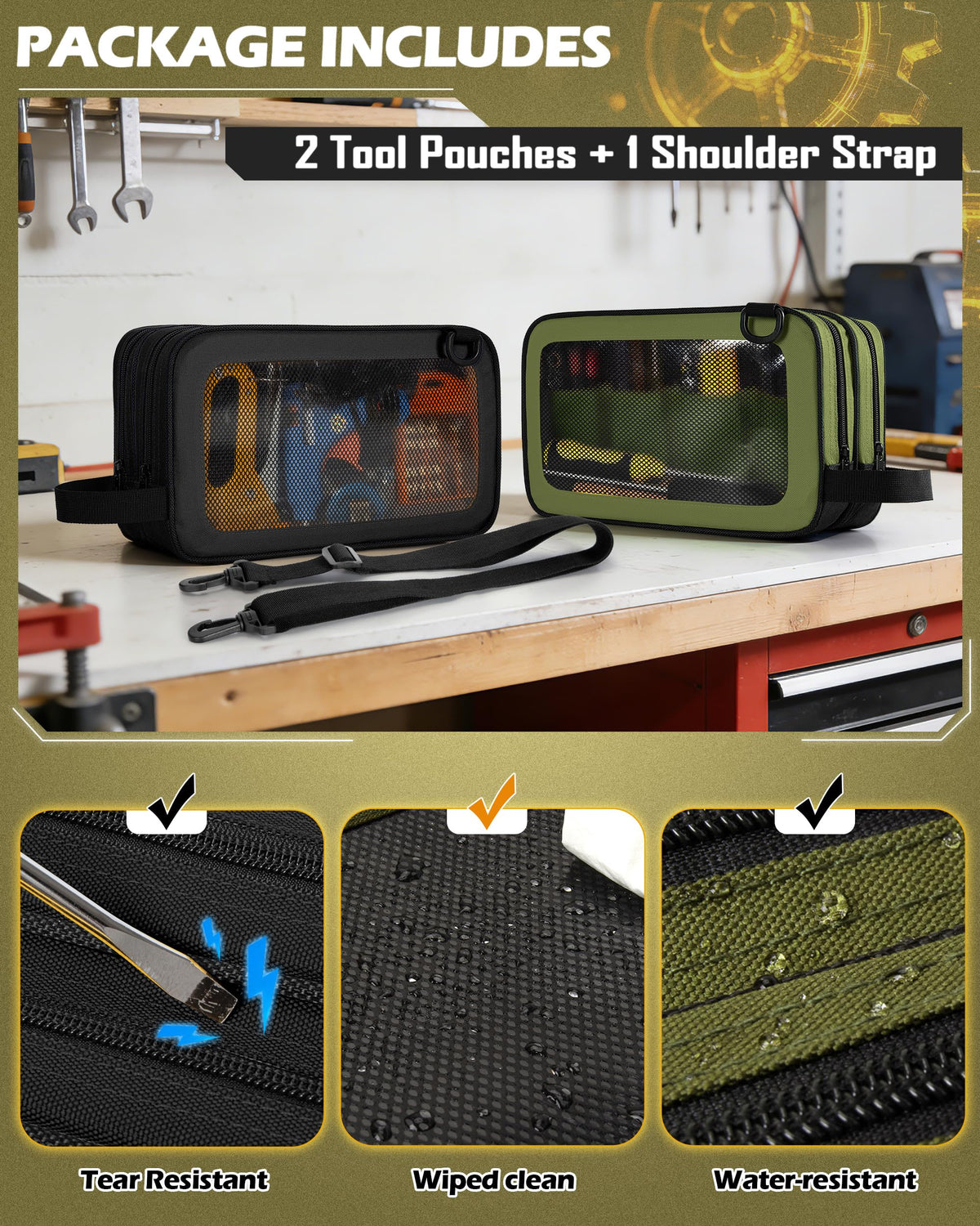 Marscamd 2 Pack Tool Pouch with Dual Compartments, 12” Tool Bag with Detachable Shoulder Strap, Carry Handle and Translucent Window, Black/Green