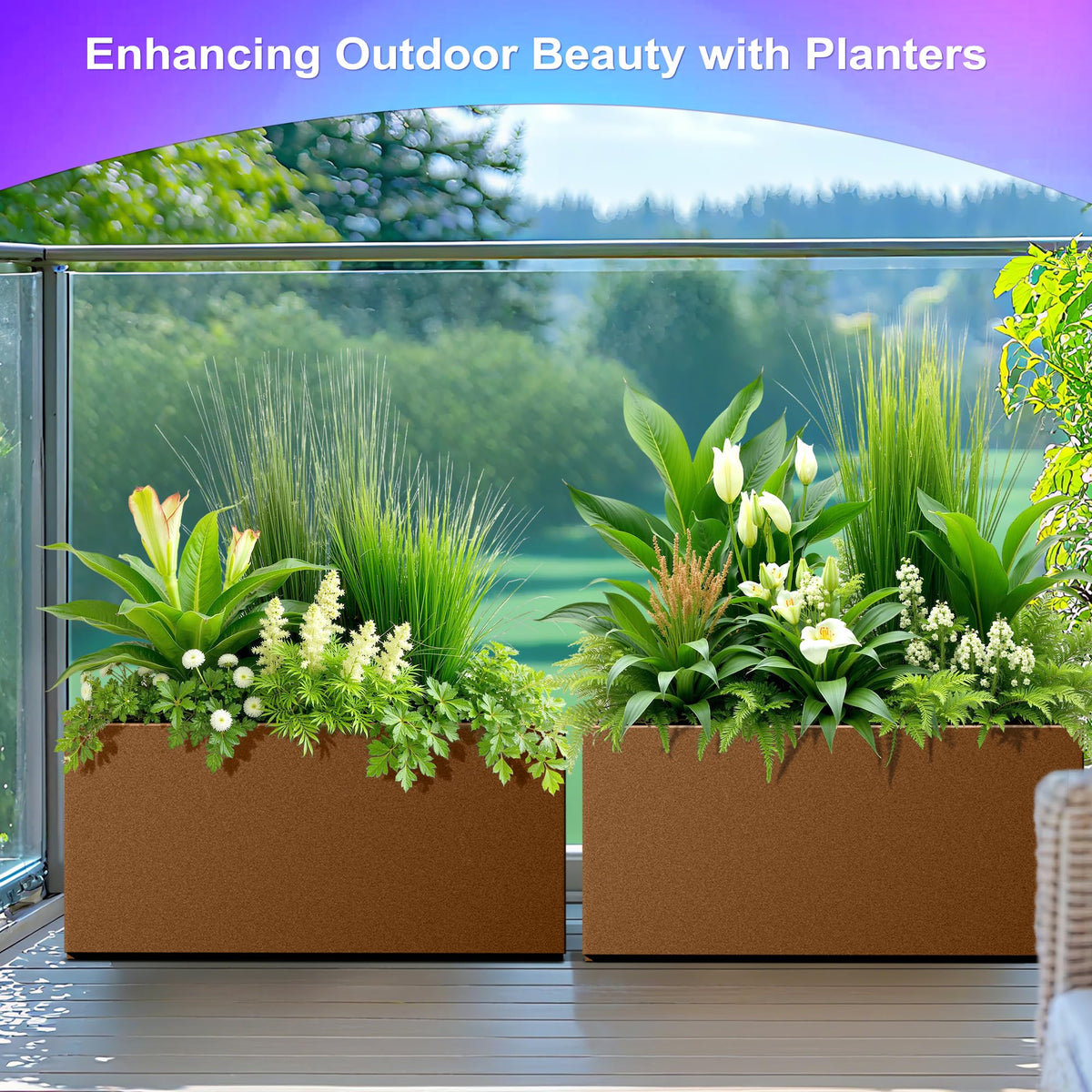 Tall Metal Planter, 10" W×16.3" H Large Rectangular Planter Box for Outdoor or Indoor, All-Weather Durable Plant Box with Drainage Holes & Removable Shelf for Patio, Porch, Garden, Trees, Flowers