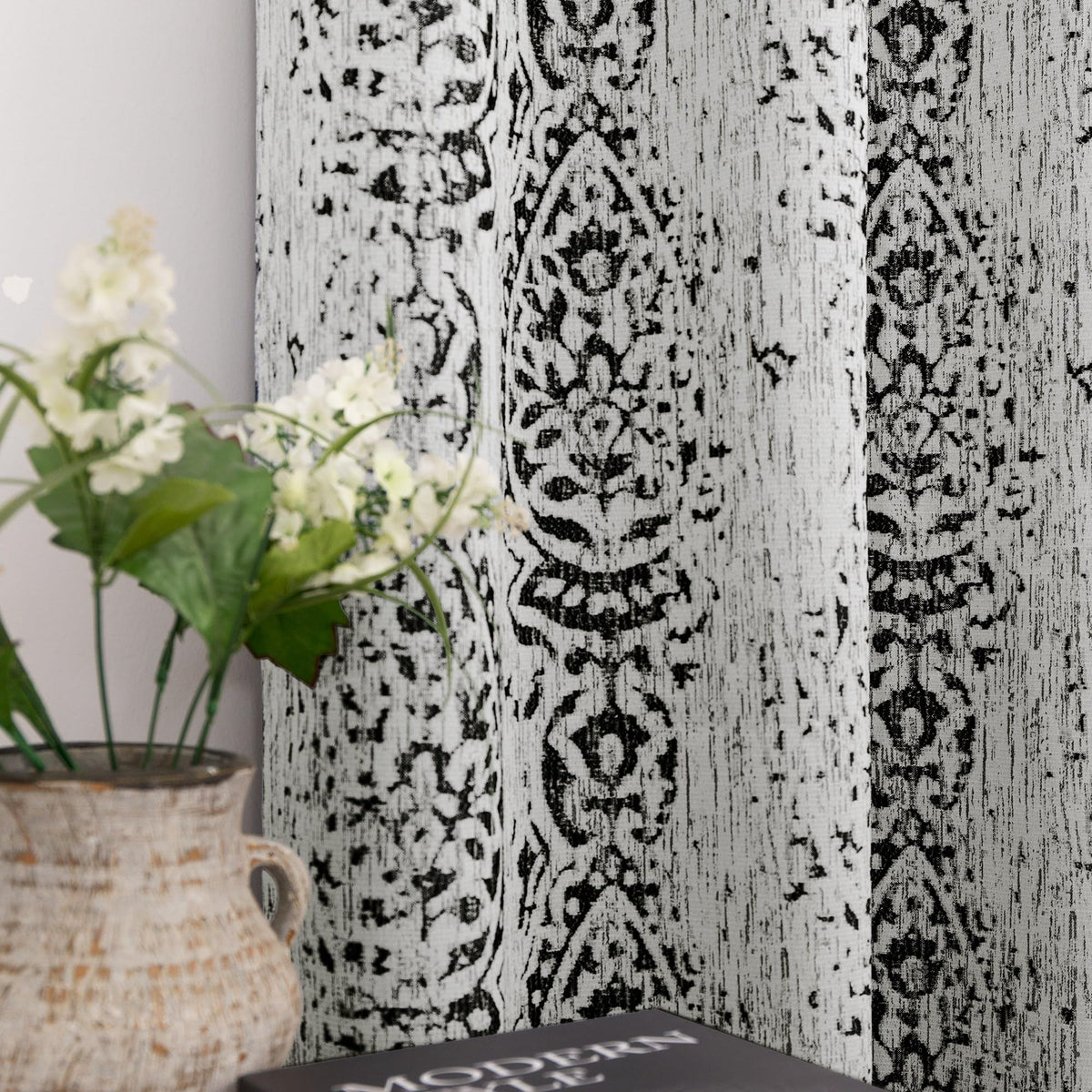 Black and Grey Cream Living Room Curtains 84 Inches Long Damask Patterned Dark Light Blocking Window Treatments Room Curtains Drapes for Bedroom,52x84 Inch Length 2 Panels Set
