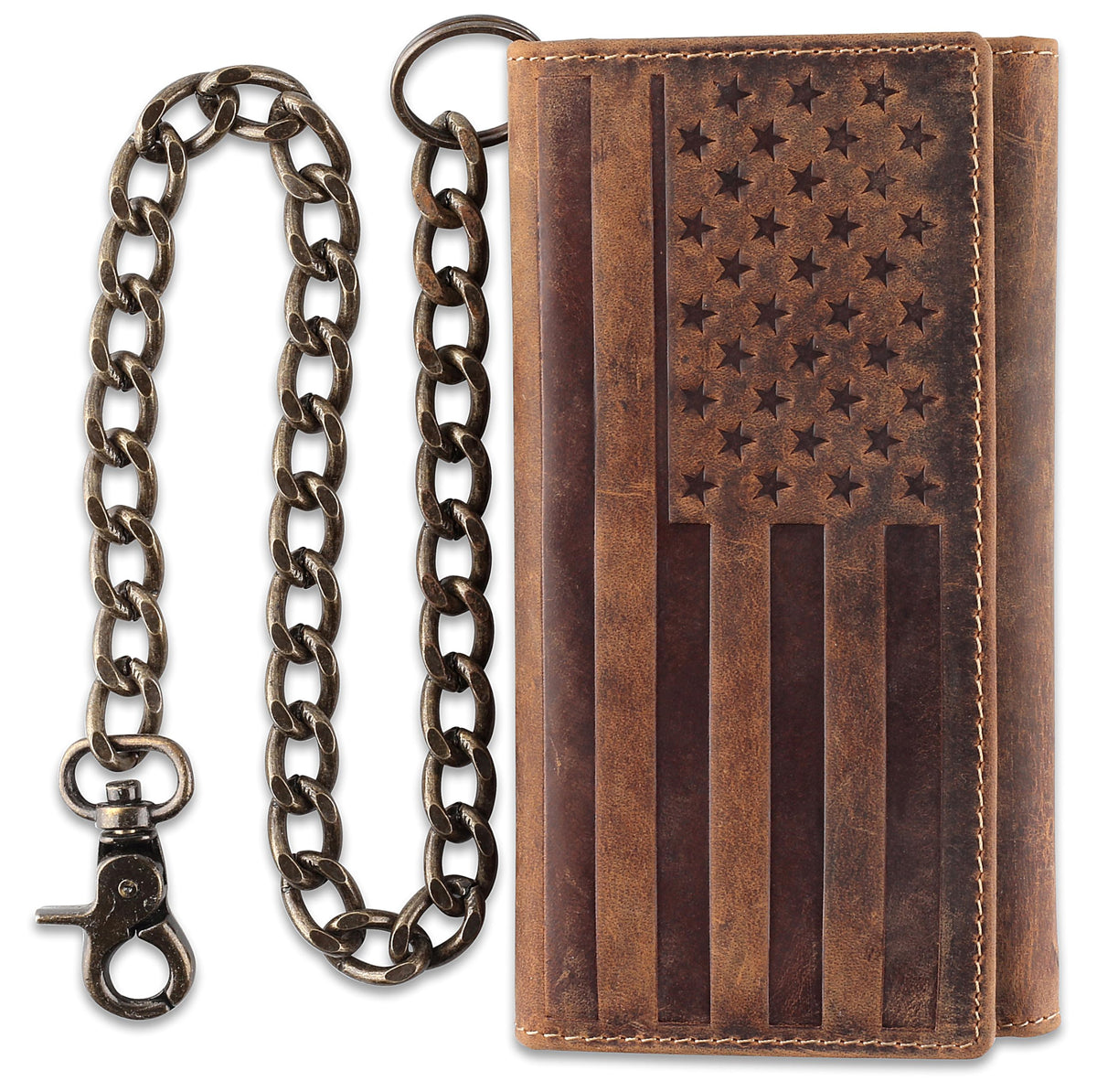 F&L CLASSIC RFID Blocking Mens Tri-fold Long Style Cowhide Leather Steel Chain Wallet,brown flag,212-100