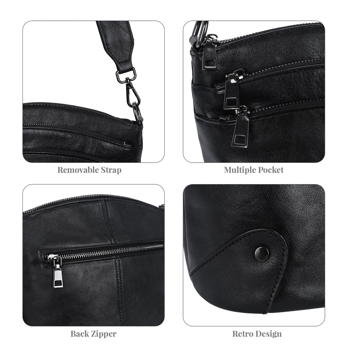 HESHE Crossbody Bags Leather Purses for Women Vintage Shoulder Handbags with Multi Pockets Cross Body Purses for Travel (Black)