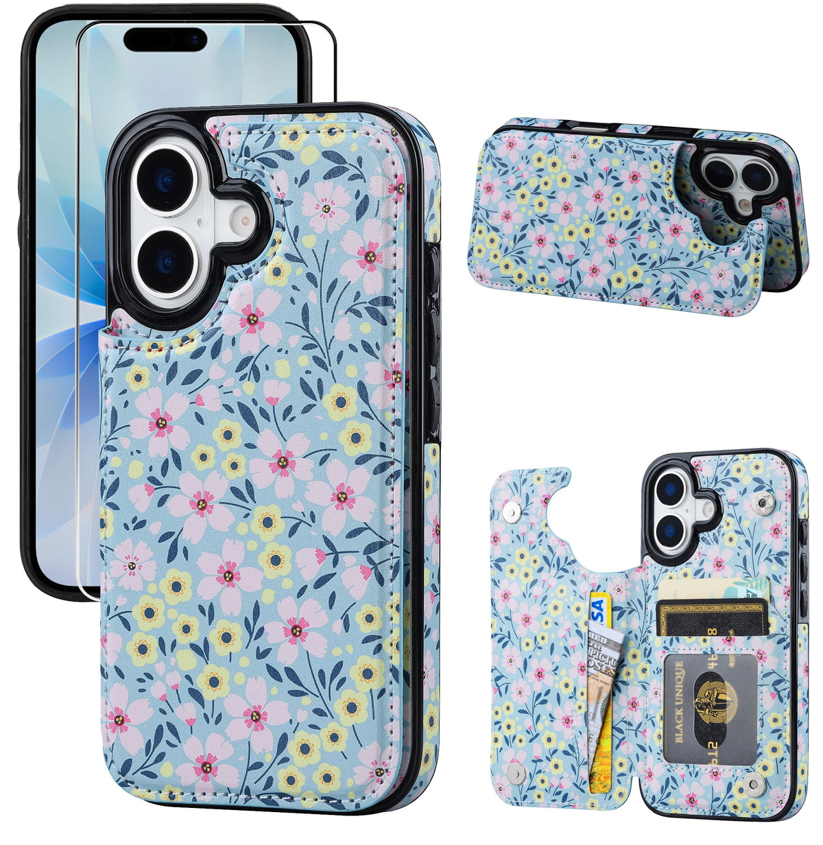 JOYAKI Compatible with iPhone 17 Wallet Case with Card Holder, Flip PU Leather Kickstand Case with Screen Protecor, Double Magnetic Clasp with Screen Protector Cover 6.3" -Sunny Day Bloom