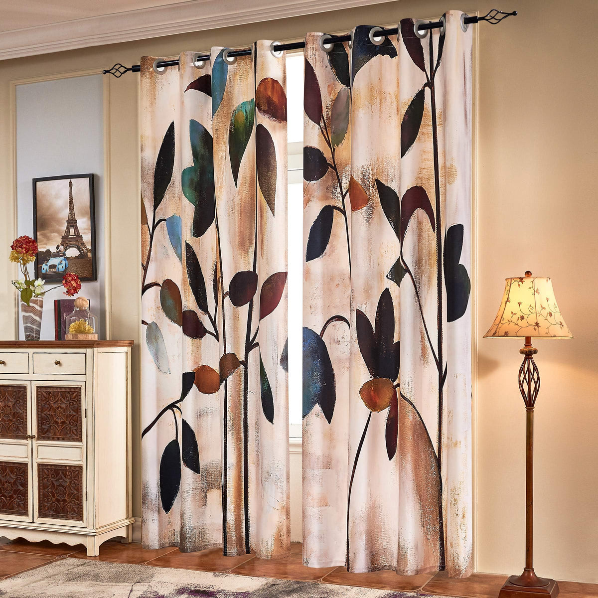 SUBRTEX Light Flitering Curtains 52Wx84L, Room Darkening Vibrant Floral Drapes, 50% Blackout, Semi Sheer Boho Farmhouse Curtains for Living Room, Brown