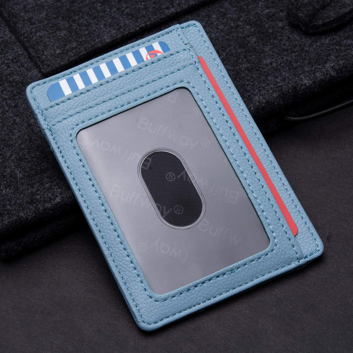 Buffway Slim Minimalist Front Pocket RFID Blocking Leather Wallets for Men and Women - Lichee Blue Grey
