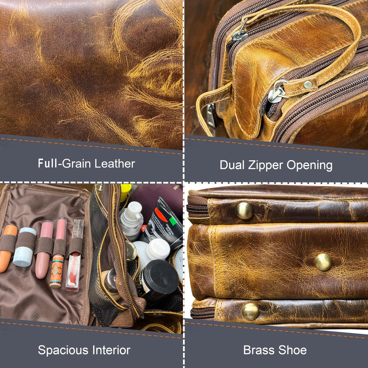 RUSTIC TOWN Leather Toiletry Bag - Men Shaving Ditty Kit - Women Cosmetic Bag Makeup Organizer for Travel Size Toiletries