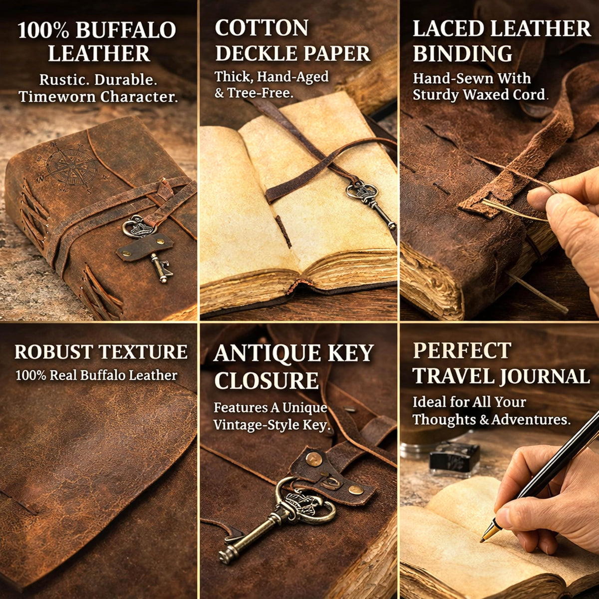 cuero Compass Vintage Leather Journal Antique Handmade Bound Journal with Deckle Edge Paper Diary Leather Sketchbook Drawing Journal Notebook Great Gift Men & Women (6X8 Inch)