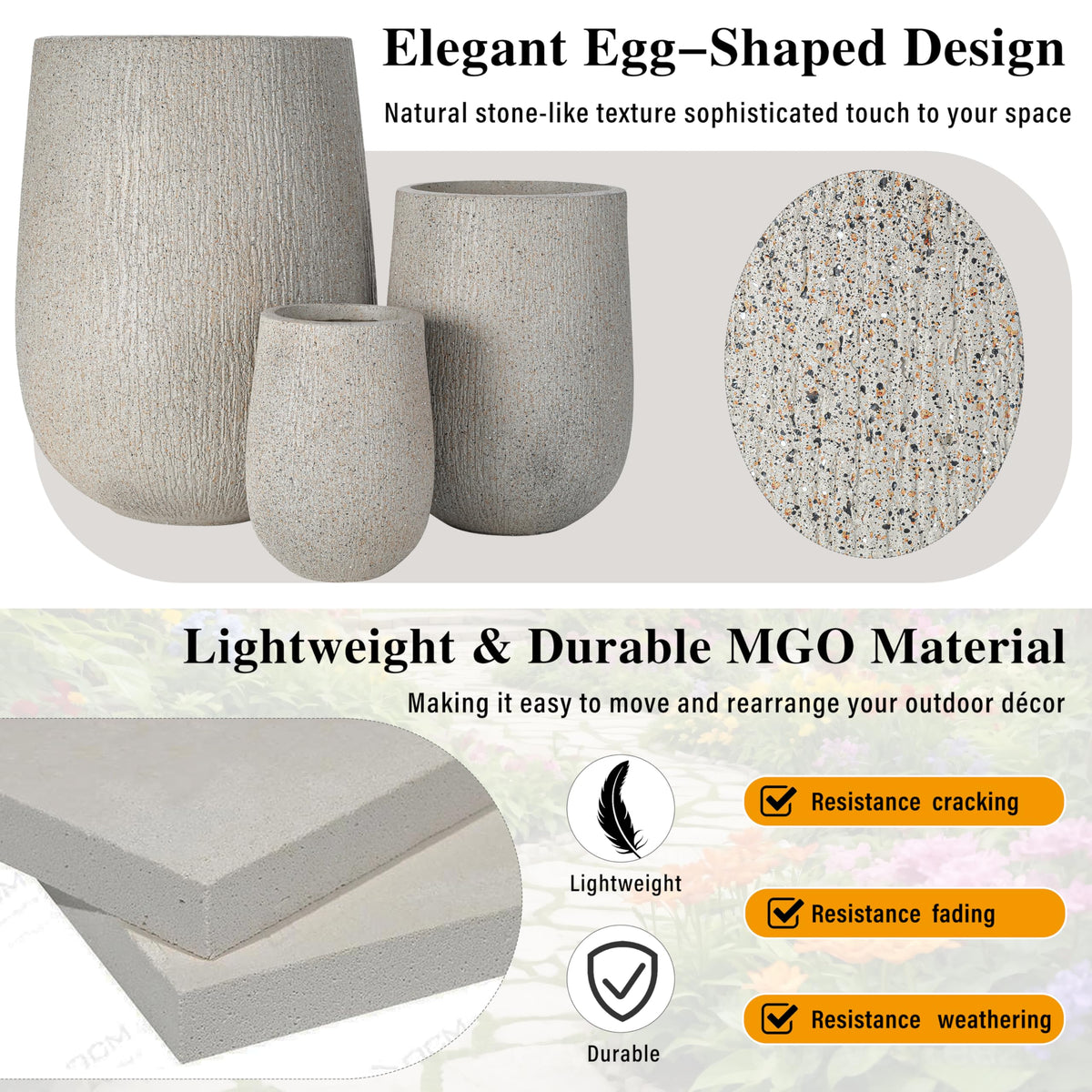 Ningering Egg-Shaped Outdoor Planter Set of 3,Modern Stone-Look Textured Flower Pots with Drainage Holes and Rubber Plug, Suitable for Patio, Garden, Poolside & Indoor (Gray)