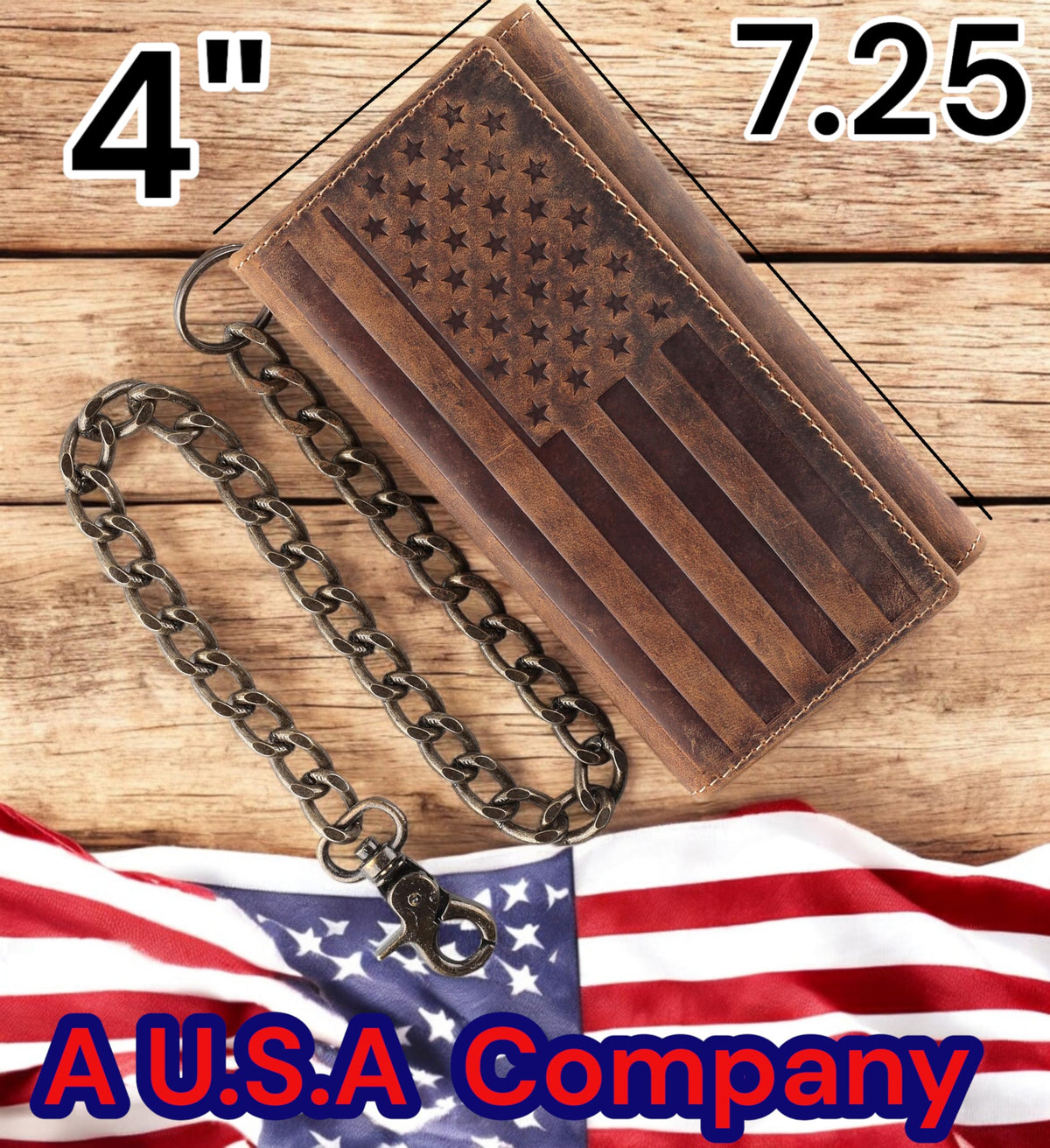 F&L CLASSIC RFID Blocking Mens Tri-fold Long Style Cowhide Leather Steel Chain Wallet,brown flag,212-100