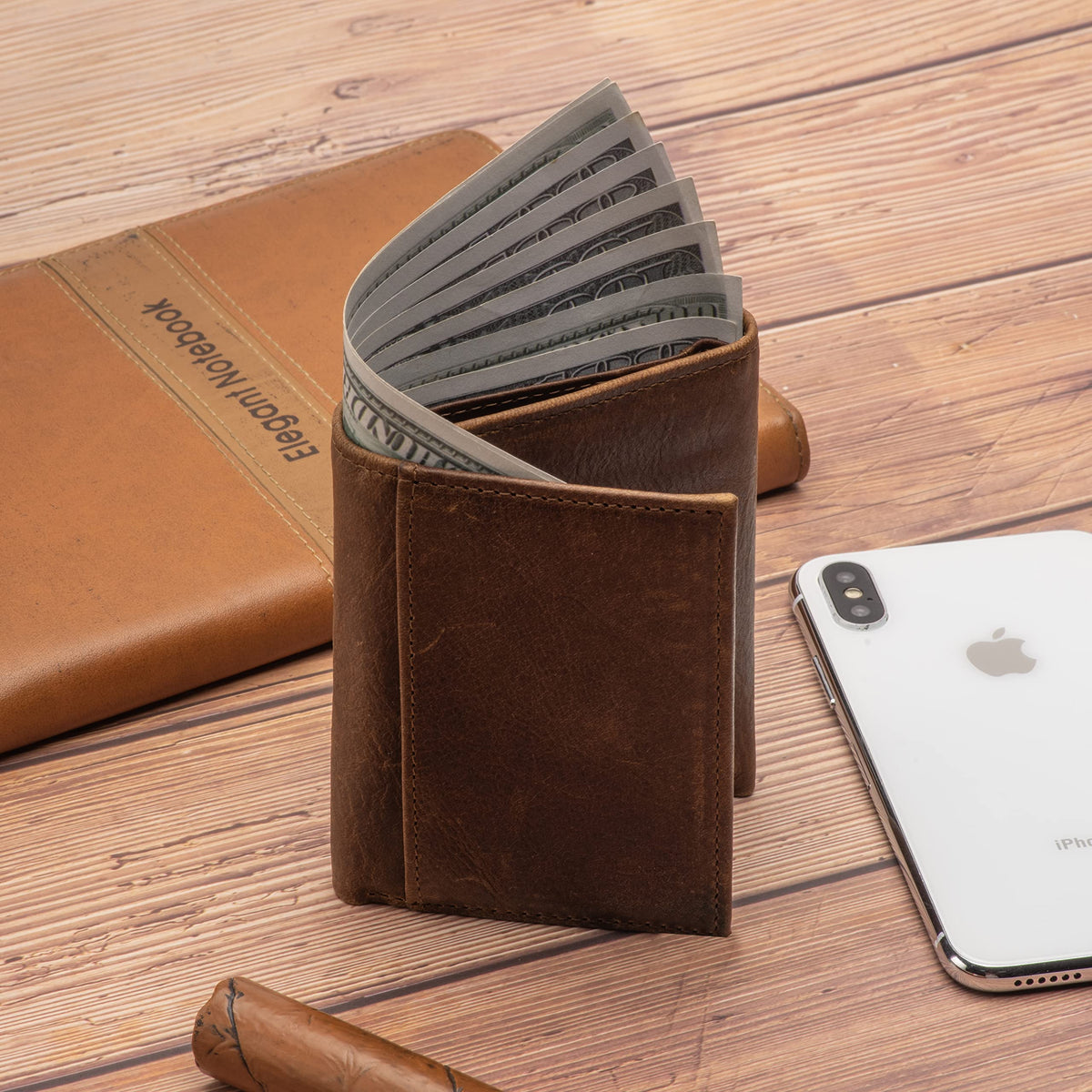 Mens Leather Wallet，Mens Trifold Wallet Rfid Blocking Genuine Leather Wallet For Men（ brown)