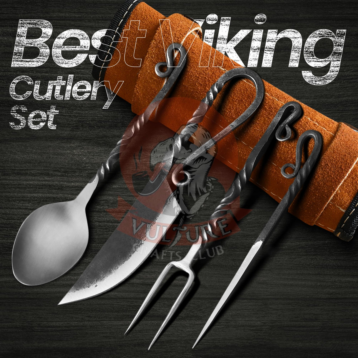 Medieval Silverware Set with Leather Cover - Hand Forged Medieval Cutlery Set - Viking Camping Utensils, Medieval Decor,Gifts - 4 Pcs Viking Utensils Set Fork Spoon and Knife Set (Half Black) (Silver Black)