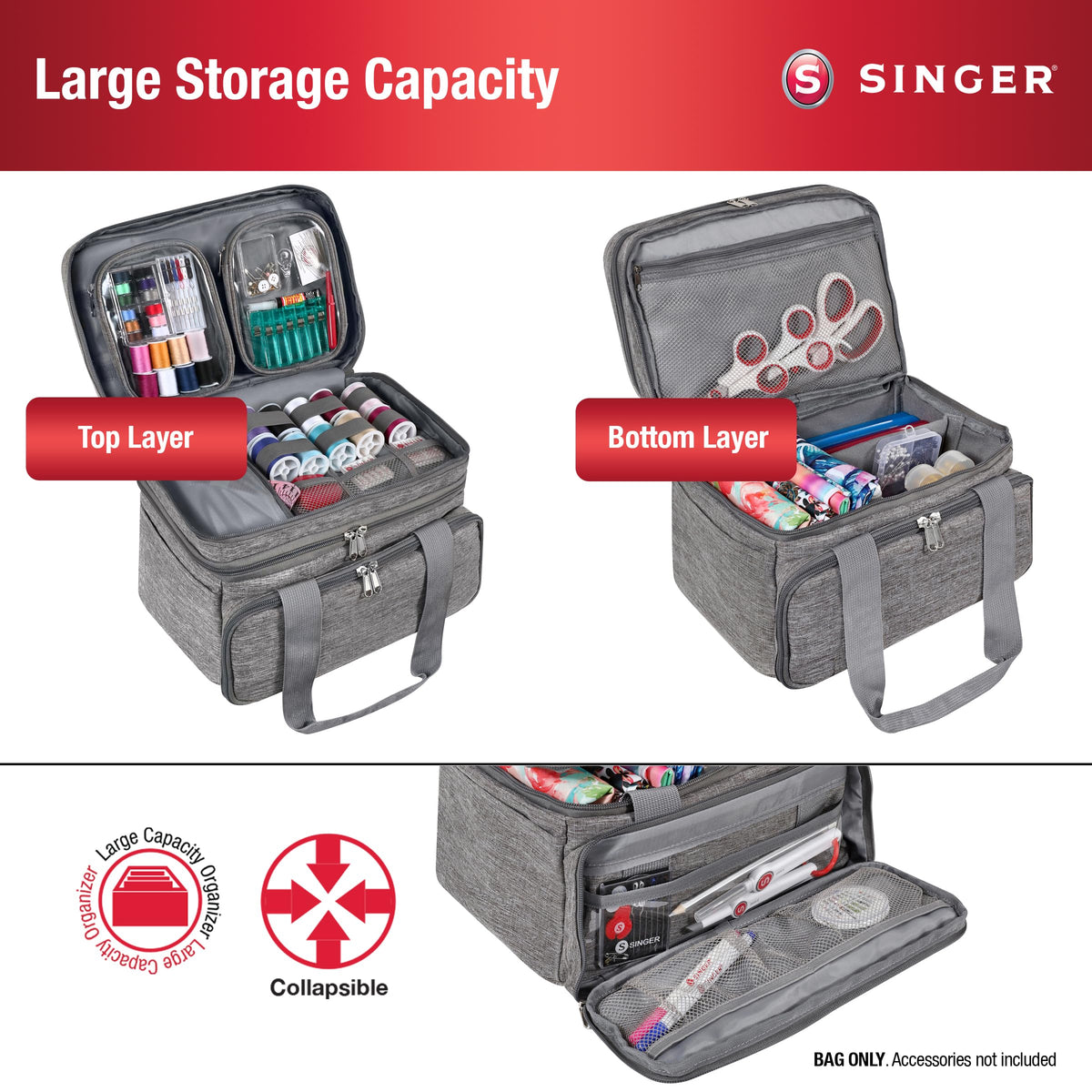 SINGER Sewing Accessories Organizer (Bag Only) – Double Layer Portable Sewing Storage Bag | 2 Detachable Pouches and 18 Compartments, Large Sewing Supplies & Crafting Carry-all (Gray)