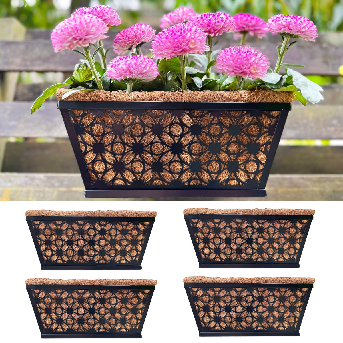LaLaGreen Window Box Planter for Outdoor Plants (4 Pack, 12 Inch) Black Metal Small and Cute Rectangular Flower Pot Wall Planters with Coco Liner Horse Trough Railing Deck Balcony Fence Patio Decor