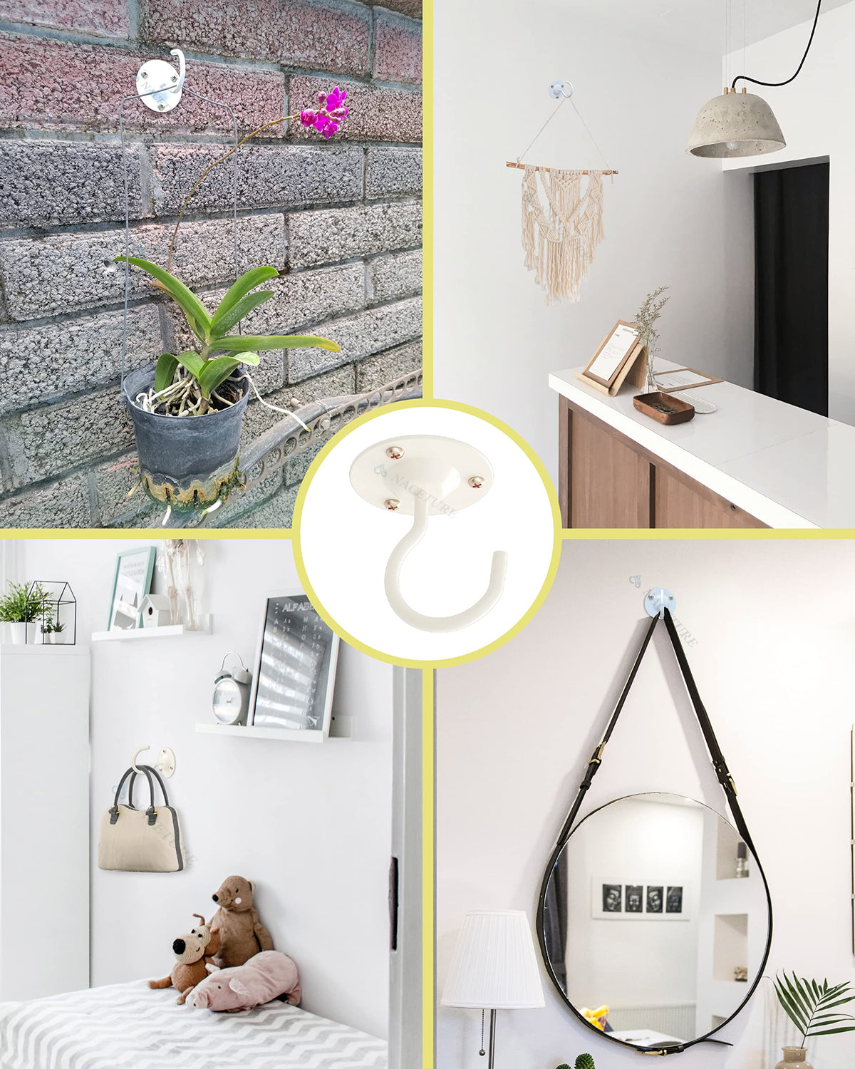 NACETURE Ceiling Hooks for Hanging Plants 3 Pack - Plant Hanger Indoor Hanging Hooks Metal Plant Bracket Iron Lanterns Hangers for Wind Chimes (White 3 Pack)
