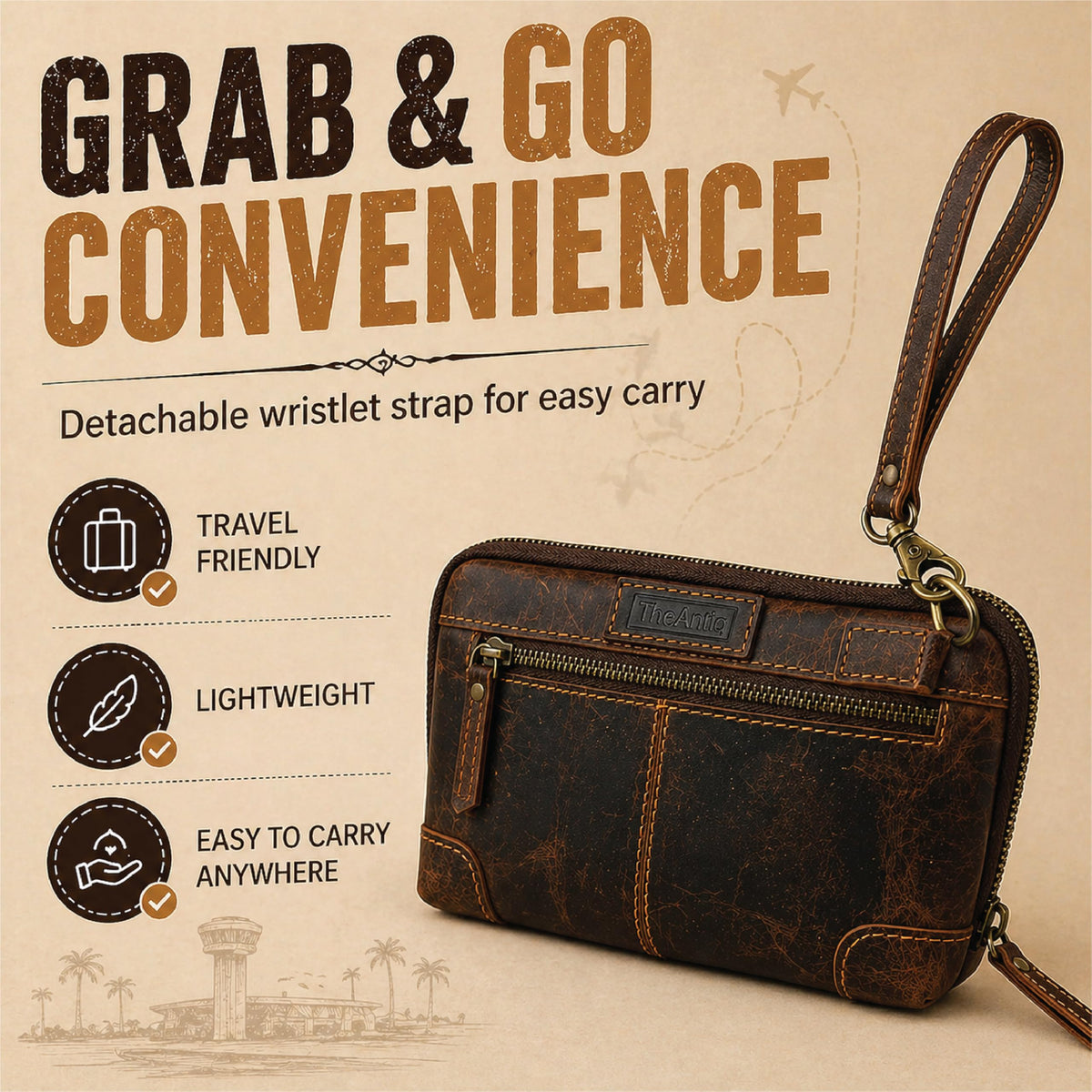 TheAntiq Genuine Leather Makeup Bag Travel Organizer, Premium Handcrafted Cosmetic Pouch with Zipper & Wrist Strap, Durable Toiletry Storage for Women & Men, 5 x 9- Brown