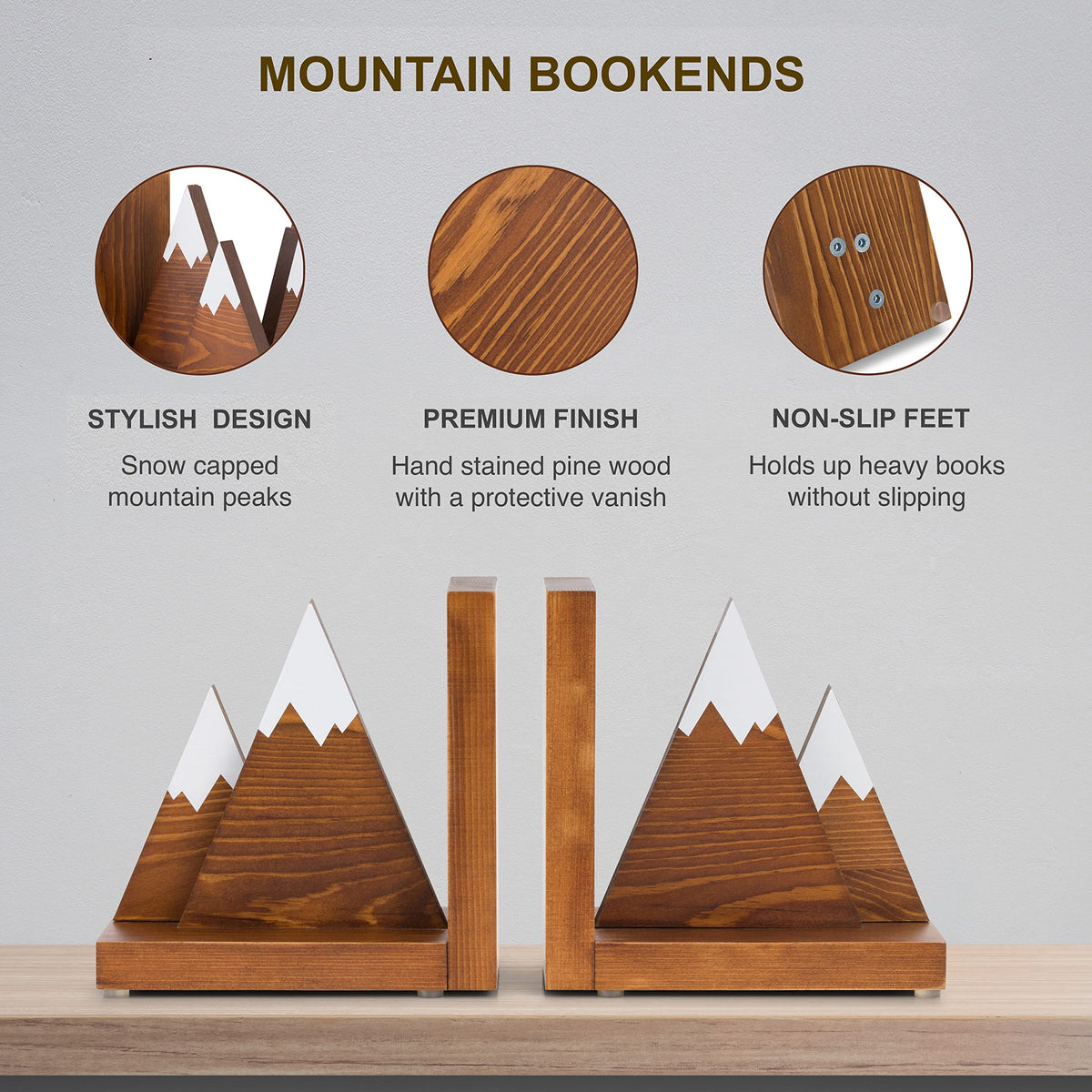 Waratah Designs Mountain Bookends - Wooden Non Slip Decorative Bookends for Heavy Books - Rustic Office Decor
