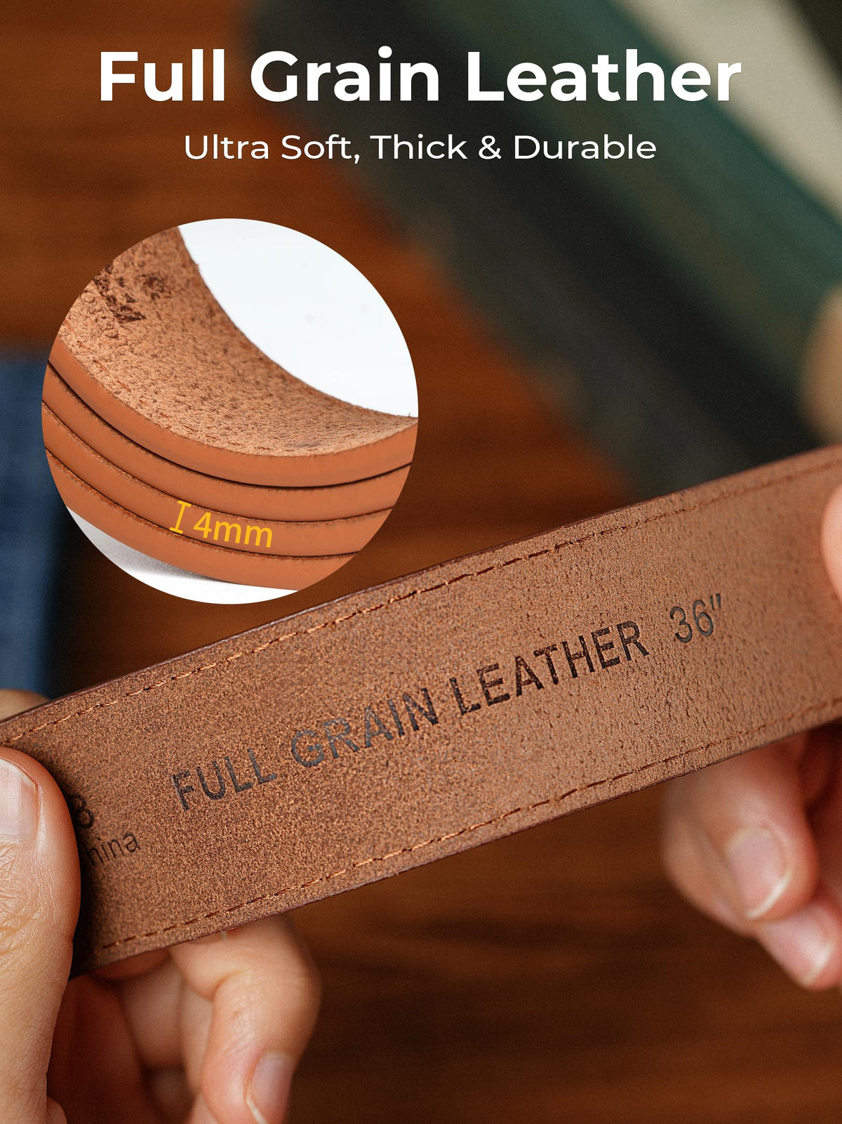 MILORDE Full Grain Leather Belt for Men, Work Belts for Men Heavy Duty, Daily Wear for Jeans Pants (Yellowish Brown 210, 32)