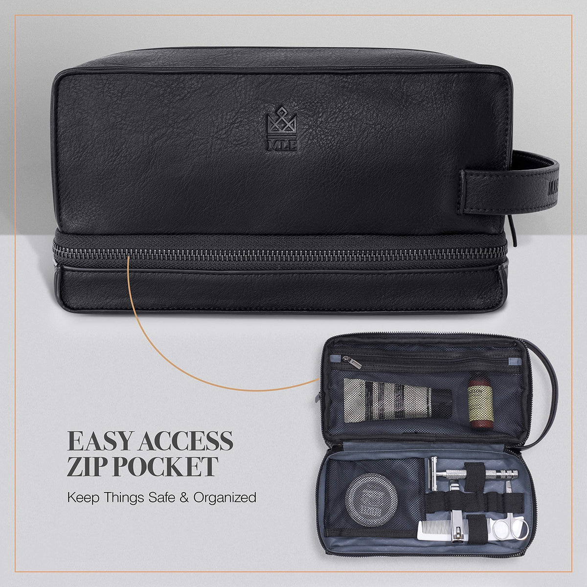 MAKE LIFE EXCLUSIVE Mens Leather Toiletry Bag – Travel Dopp Kit, Shaving Bag, Grooming & Hygiene Organizer, Leather Toiletry Bag for Men, Gift for Him
