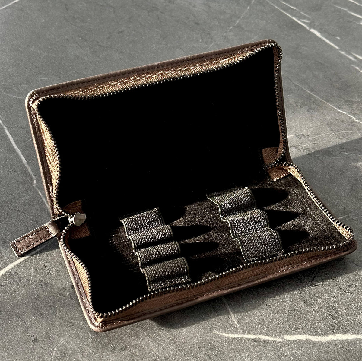 DiLoro Leather Zippered Triple or Quad Pen Case Pencil Pouch Holder for Three or Four Fountain Ballpoint Rollerball Pens or Glasses (Nappa Bugatti)