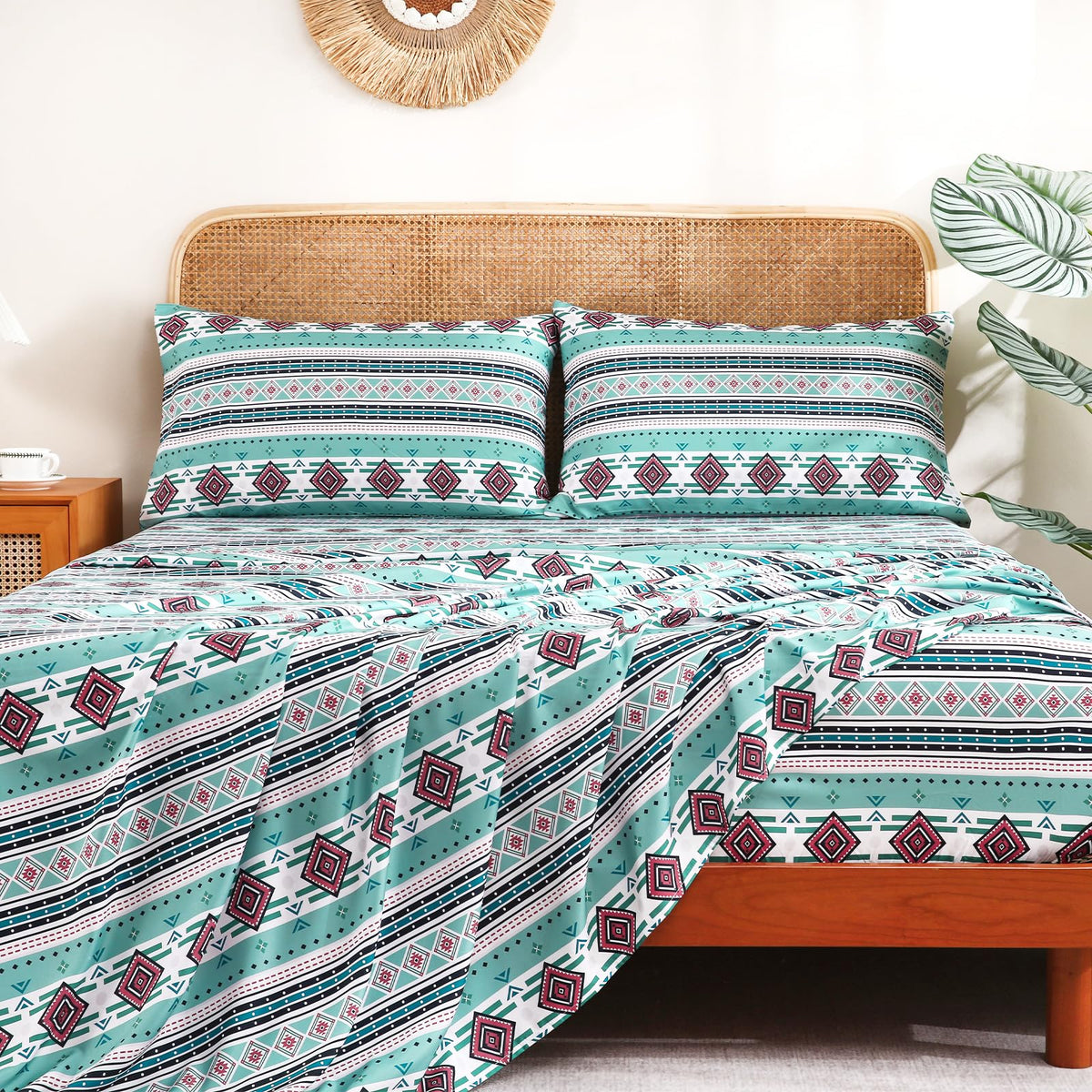 CozySmile 4 Pieces King Sheet Set Bohemian, Boho Sheets Soft Microfiber Deep Pocket, Western Sheets Geometric(King, Mint Coral Striped)