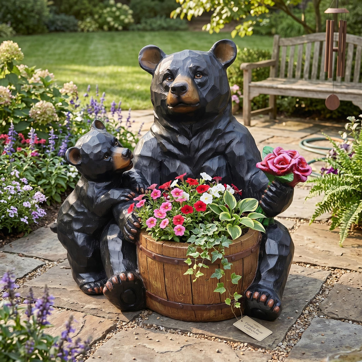 elesculor Black Bear Mother & Cub Garden Statue Planter, Resin Outdoor Flower Pot with Barrel Basket, Decorative Animal Planter for Patio, Yard, Lawn, Cabin Decor