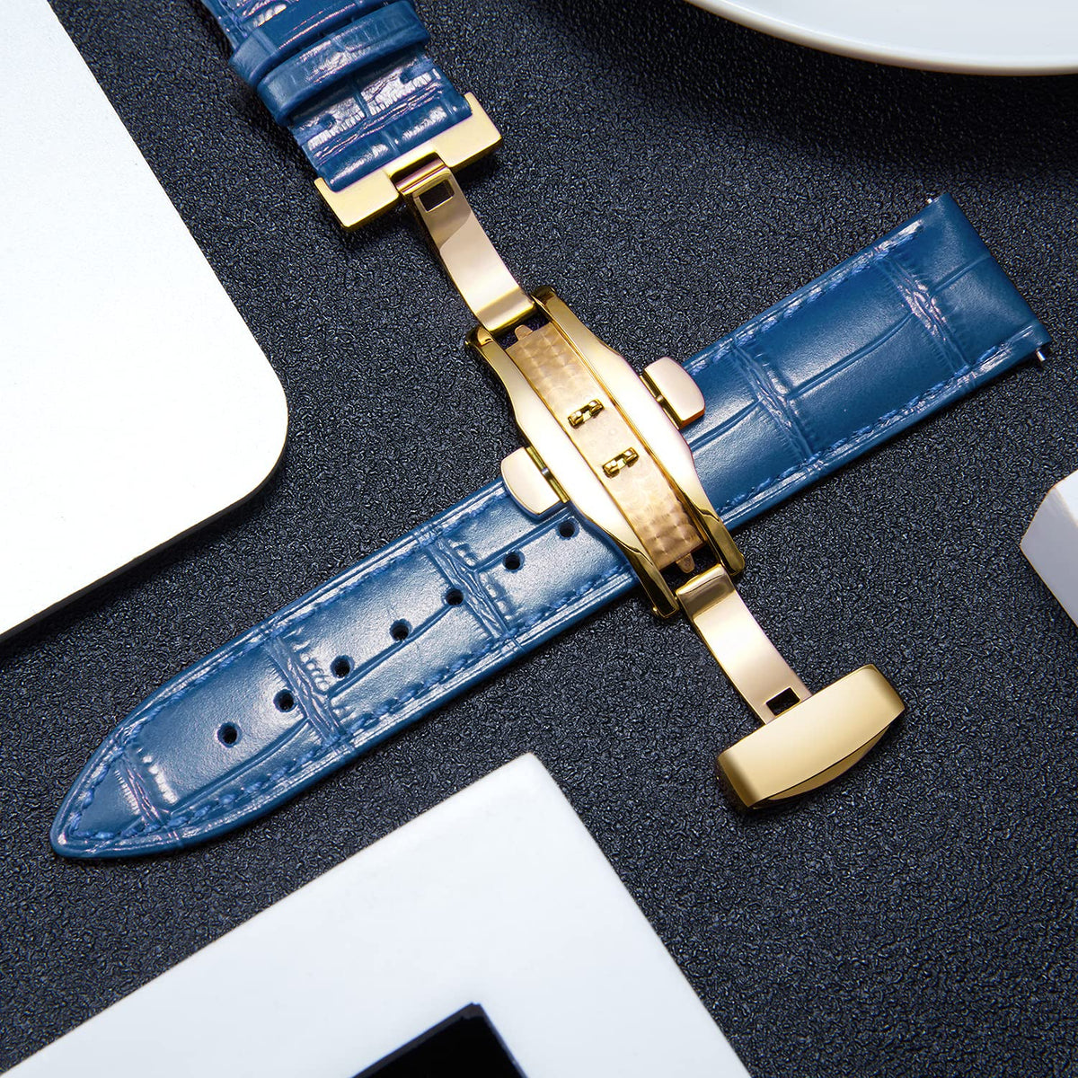 BINLUN Leather Watch Strap, Quick Release Genuine Leather Replacement Watch Band with Butterfly Deployment Buckle for Men and Women, 12mm-24mm(Blue-Gold,18mm)