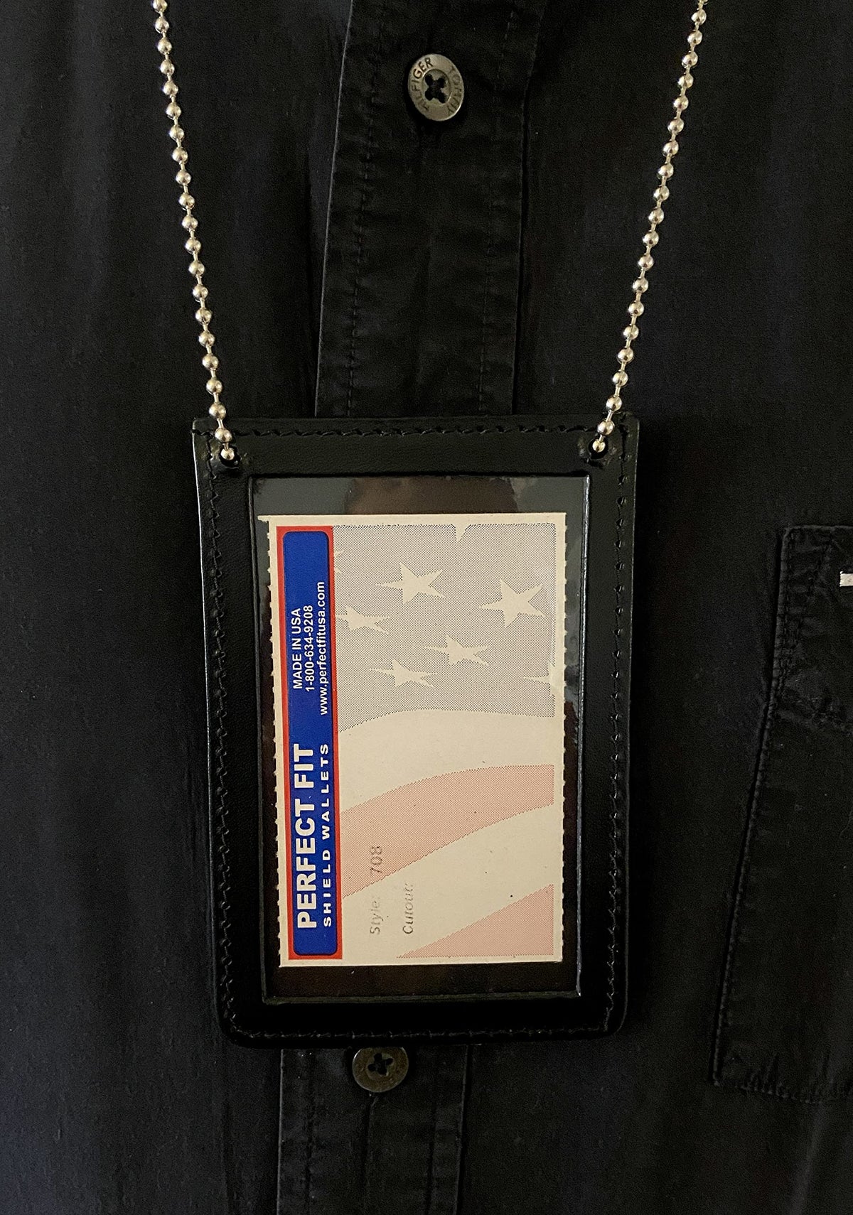 Neck Chain Double Sided ID Holder with 2 Clear Picture ID Windows, Leather Badge for Credential Pass to Wear Around The Neck for Police Law Enforcement, Business, Factory Worker (Black) (Vertical)