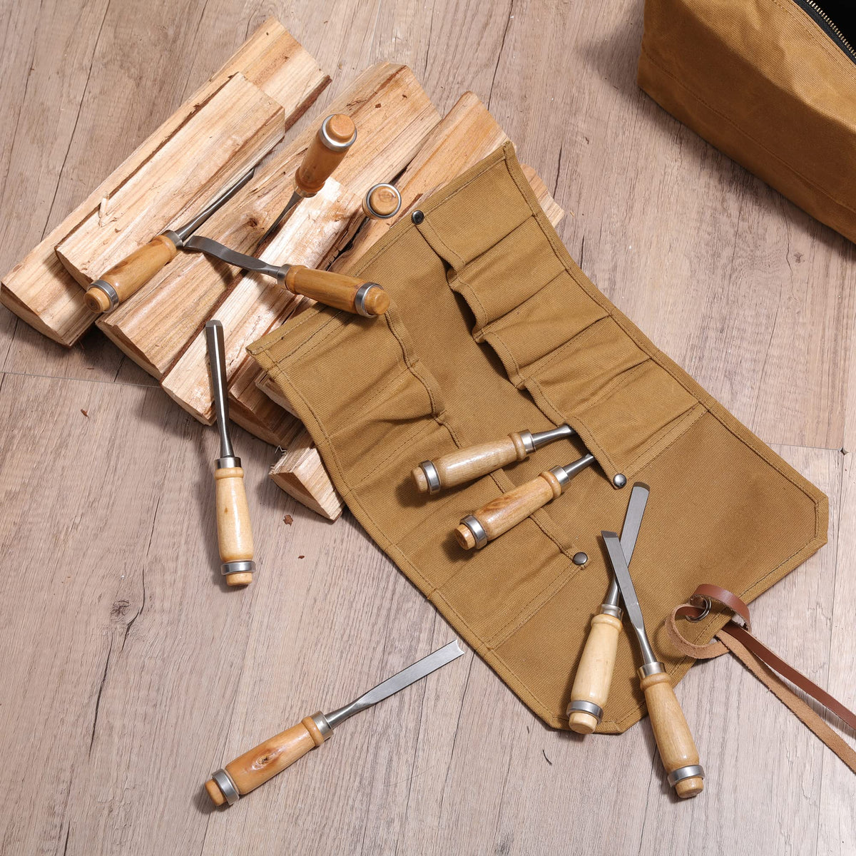 Tool Roll, Heavy Duty Waxed Canvas Small Tool Bag Tool Pouch for Chisels, Hammers, Gouges Palm Tools (Khaki)