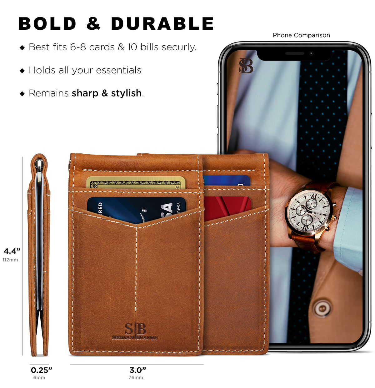 SERMAN BRANDS RFID Blocking Wallet Slim Bifold - Genuine Leather Minimalist Front Pocket Wallets for Men with Money Clip Gift (California Desert)