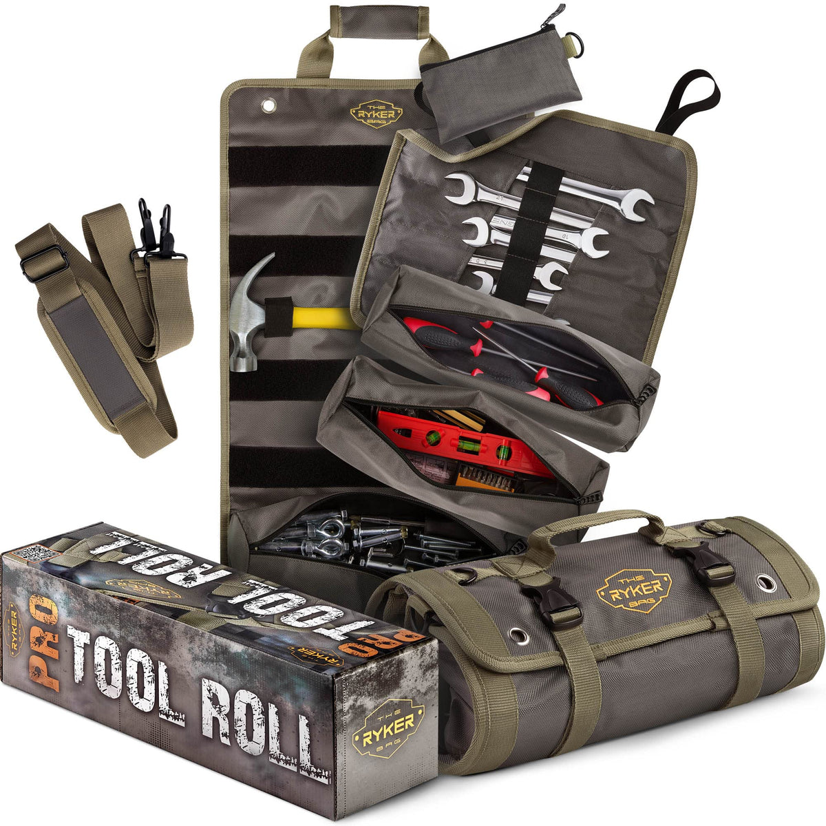 The Ryker Official PRO Tool BAG Organizer Heavy Duty Foldable Storage Bag with Detachable Pouches, Wrench Holder, Rugged Canvas for Mechanics, Electricians, Motorcycle Use, Practical Gift for Dads