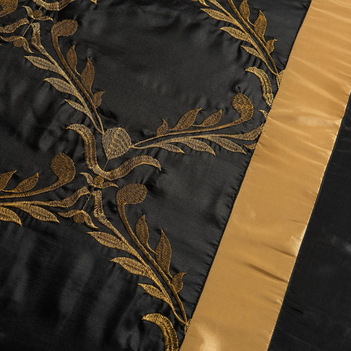 HIG 7 Piece Bed in A Bag Comforter Set Queen - Black and Gold Faux Silk Fabric Embroidered - Breathable and Wrinkle Resistant -1 Comforter, 2 Shams, 3 Decorative Pillows, 1 Bedskirt