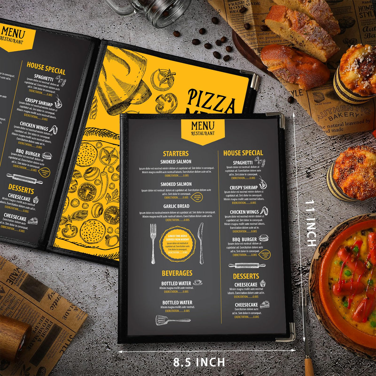 Henoyso 50 Pcs 8.5 x 11 Inch Menu Covers 4 Page 8 View Transparent Restaurant Covers Book Fits A4 Size Paper, Bar Cafe Clear Menu Holder Folder with Leatherette Trim and Decorative Corners, Black