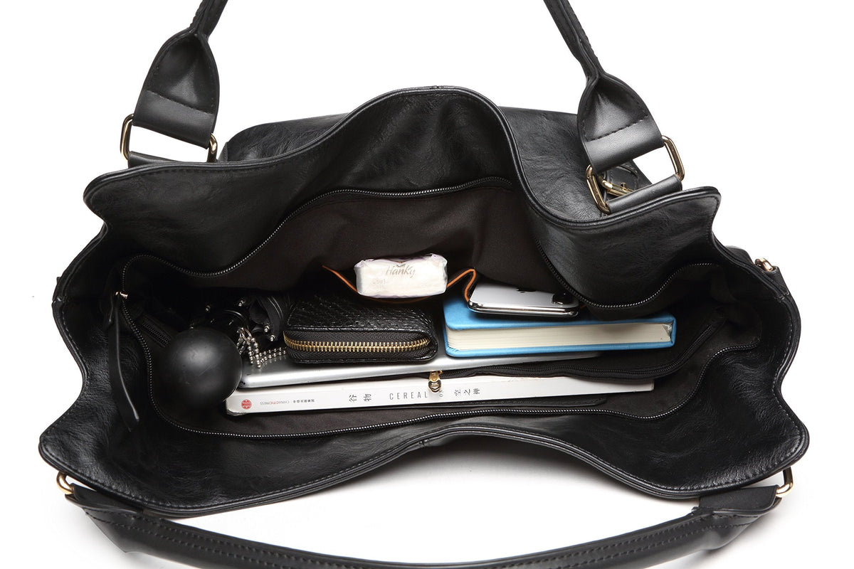 Women Tote Bag Handbags PU Leather Fashion Hobo Shoulder Bags with Adjustable Shoulder Strap (Black, L)