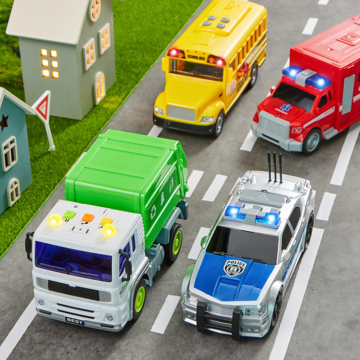 JOYIN 4 Pcs 7" Long Vehicle Toy Set, Toddlers Cars with Lights and Siren Sound, Including Play Police Car, School Bus, Garbage Truck, Ambulance, Birthday Party Gifts Toys for Boys 3-5