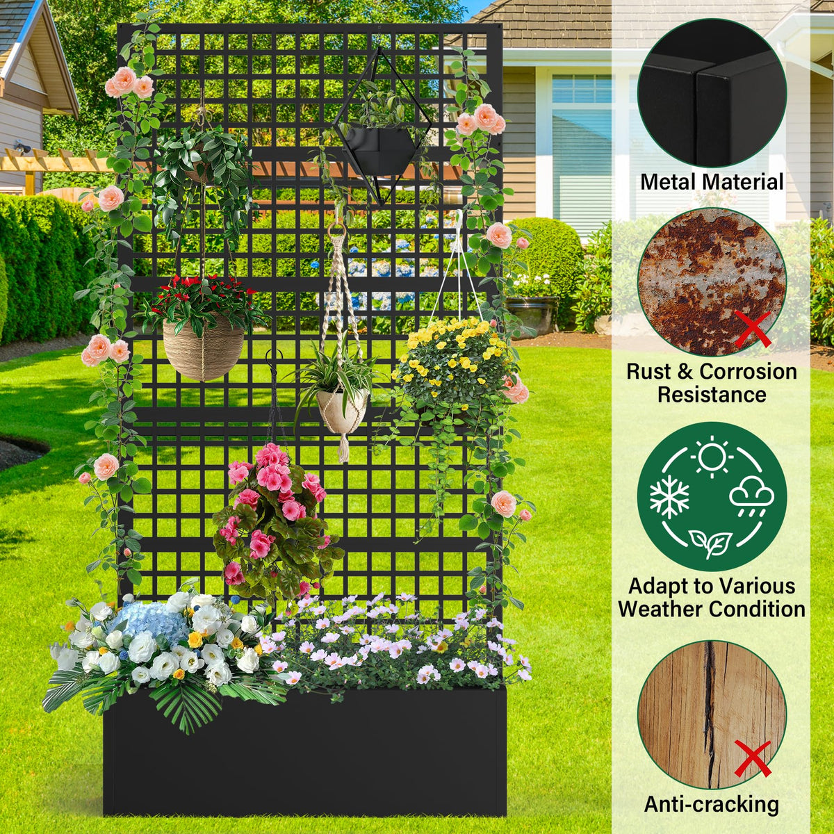 Toriexon Metal Planter Box with Trellis 47" L x 16" W x 72" H, Raised Garden Bed with Privacy Screen, Privacy Planters for Climbing Plants, Flowers, Vegetables, Fruits