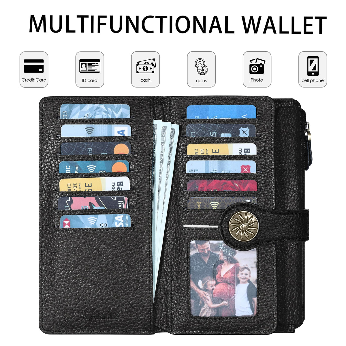Travelambo Women's Wallet RFID Blocking Trifold Clutch Large Capacity Credit Card Holder Travel Purse