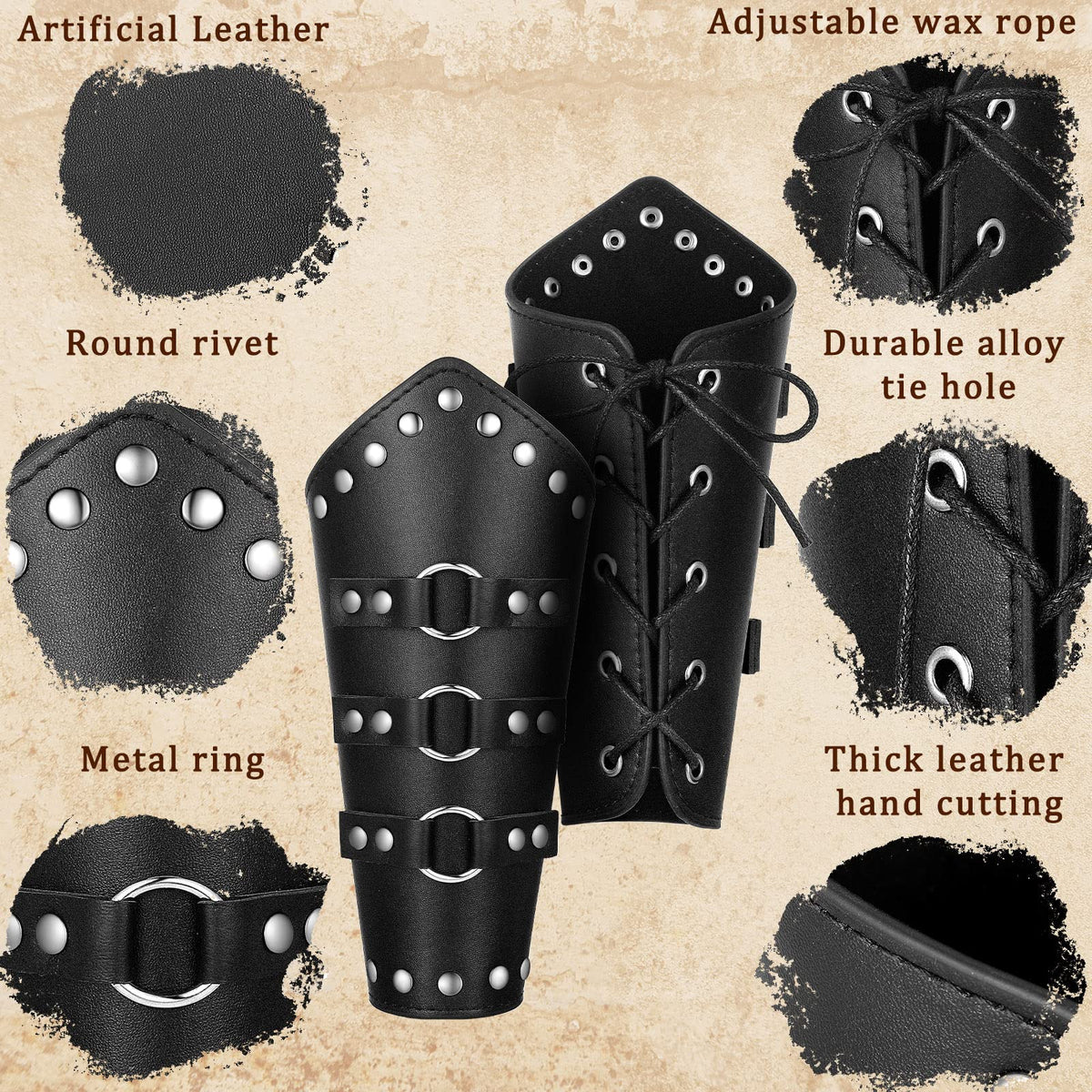 Patelai 1 Pair Faux Leather Arm Guards Arm Bracers Leather Gauntlet Medieval Viking Cosplay Accessories for Men Women(Black,One Size)