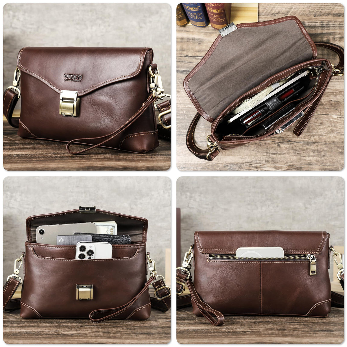 Top Grain Genuine Leather Clutch Wallet for Man & Woman, Handmade Retro Design, Combination Lock & Adjustable Shoulder Strap & Wristlet, Portable Handbag for Cards/Checks/Phone/Banknote, Dark Coffee