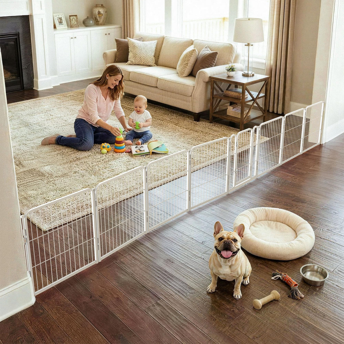 FXW Dog Gate Extra Wide Designed for Indoor Use, Adjustable Width Up to 183-inch Wide (24" H 8 Wire Panels for Puppies and Small Dogs), White