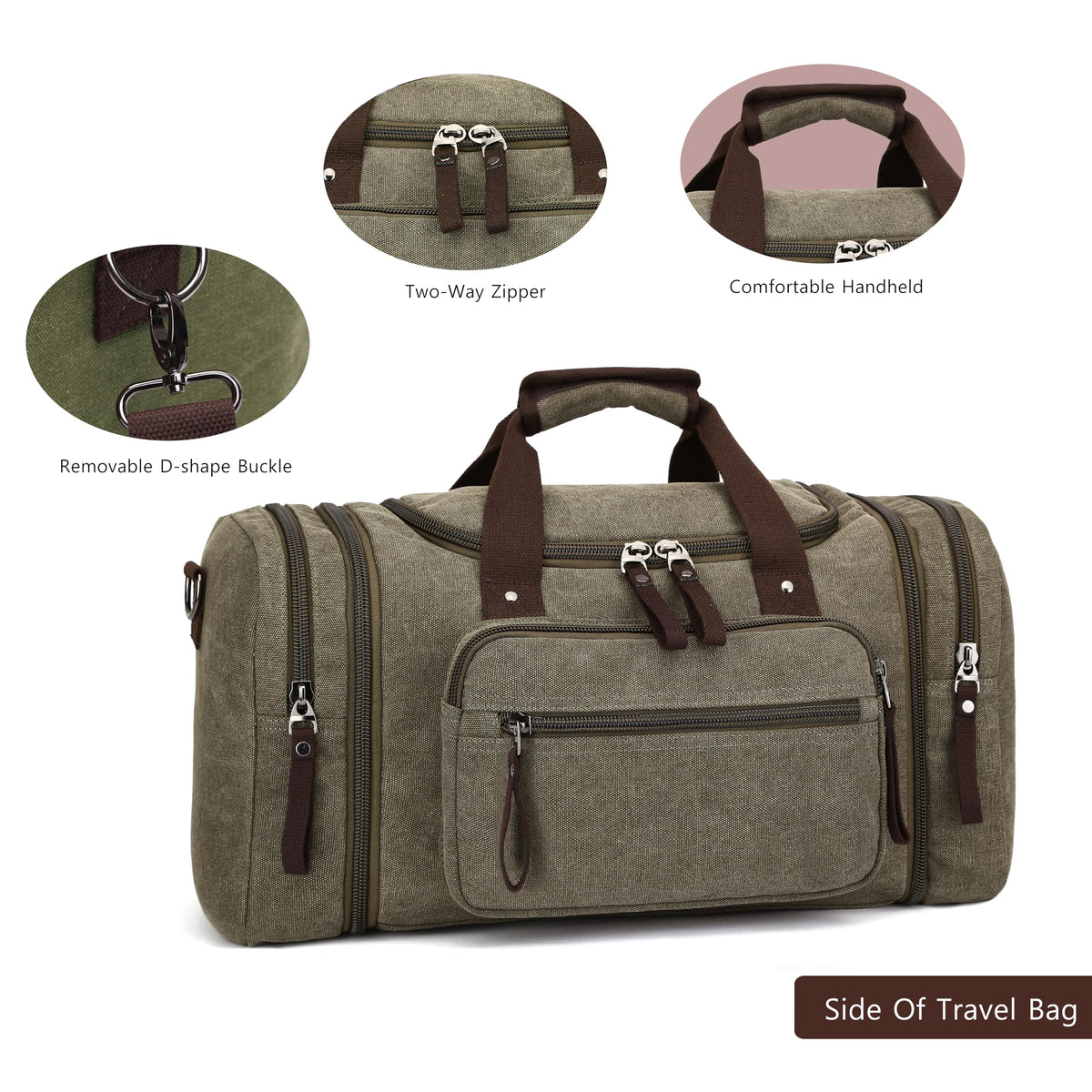Travel bag large capacity men's luggage bag, expandable canvas leather 55 liters large capacity weekend hiking waterproof(green)