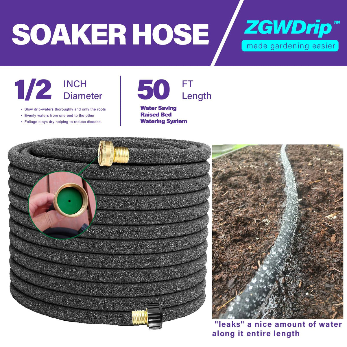 ZGWDrip 50FT 1/2" Water-Saving Soaker Hose with Solid Brass Connectors, Drip Irrigation Kit for Lawn & Yard
