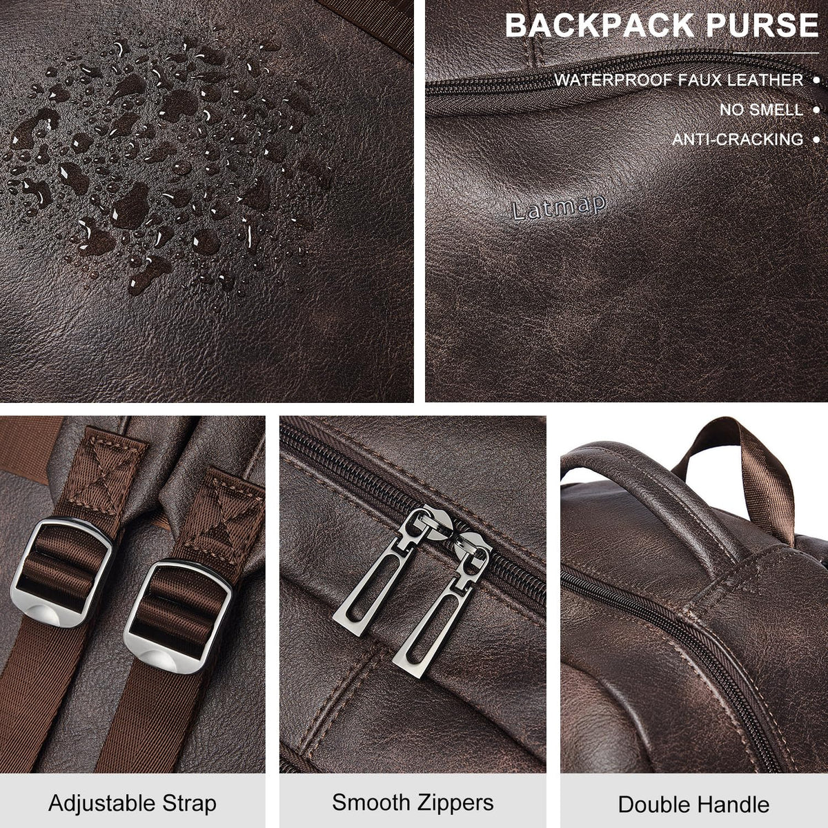 LATMAP 30L Backpack Purse for Women Men Laptop Backpack, Faux Leather Travel Work Backpack Teacher Bookbag fits 15.6" Laptop,Coffee