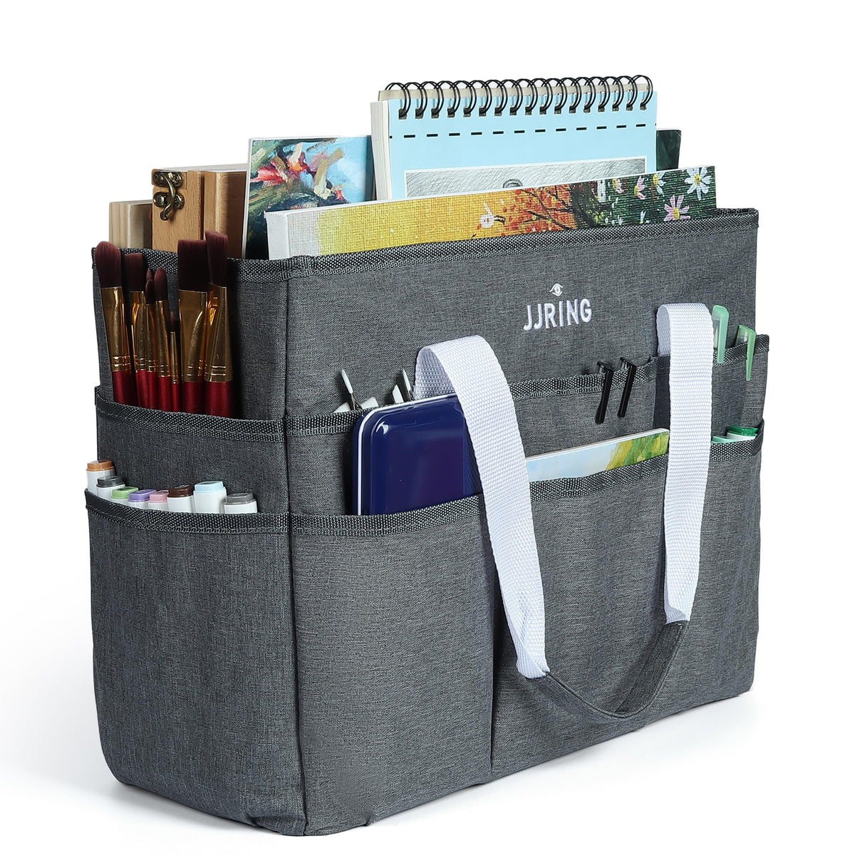 JJRING Craft Organizer Tote Bag, Large Art Storage Caddy with Multiple Pockets, Gray Sewing Bag for Art, Craft, Scrapbooking, School, Medical, and Office Supplies Storage